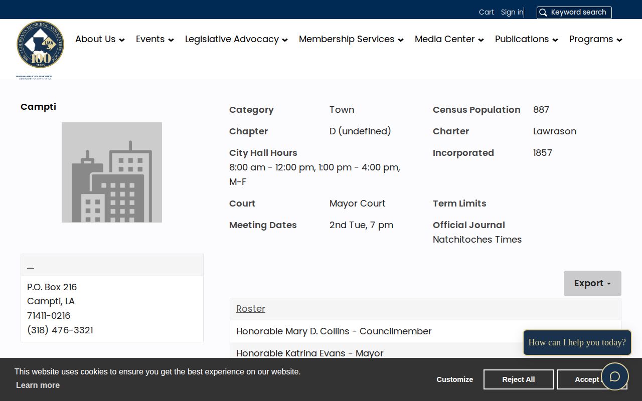 Official Campti municipal profile with police contact for recent arrest records