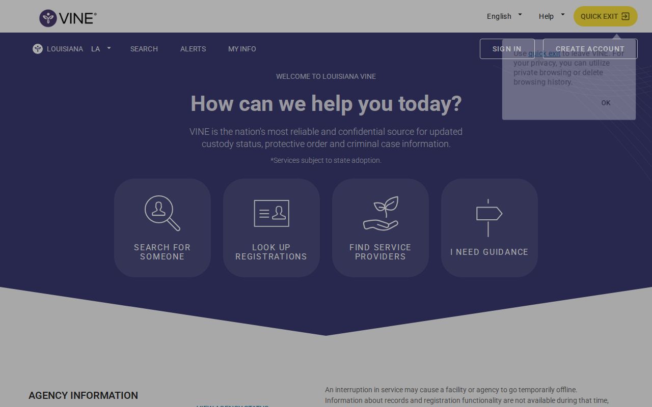 Official Louisiana VINELink custody search screen