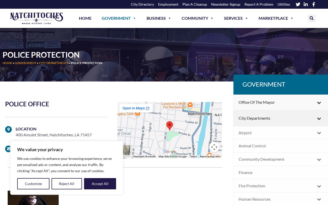 Natchitoches Police Department contact and incident map links for arrest record research
