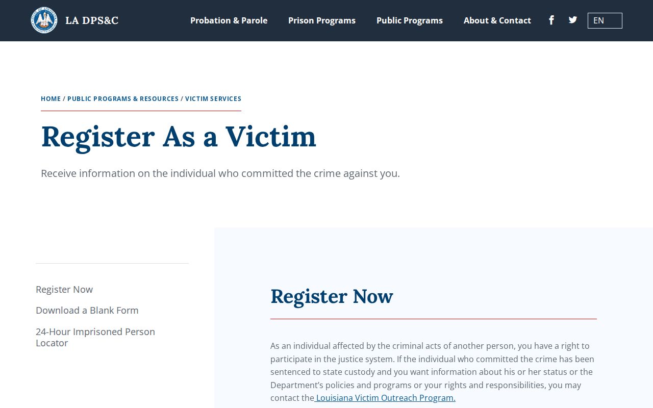 Louisiana DPS and Corrections Victim Outreach registration form