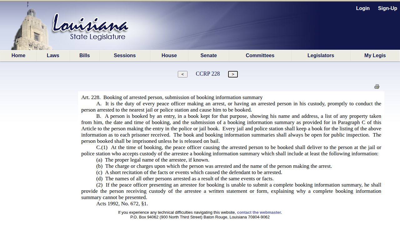 Louisiana article 228 public booking record requirements