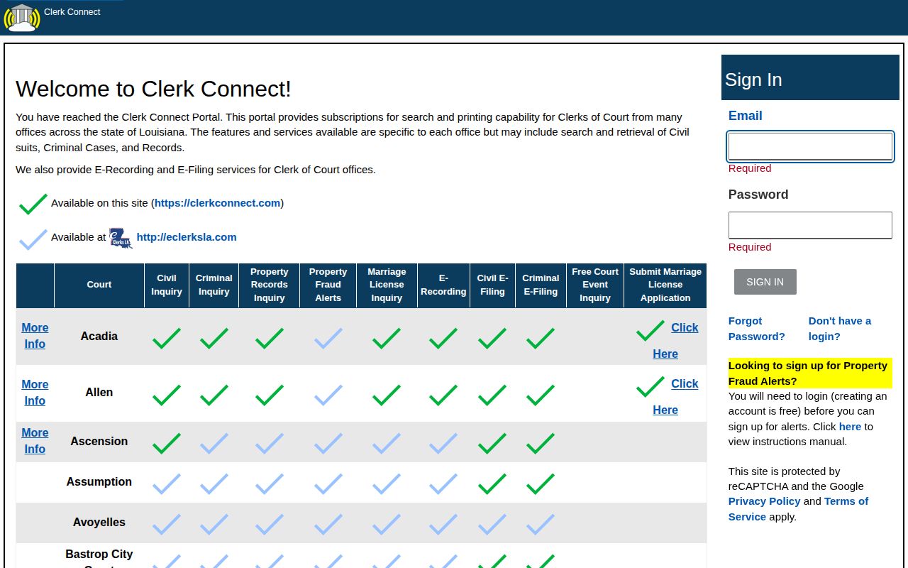 Clerk Connect Natchitoches Parish criminal inquiry interface